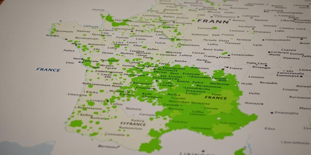 Carte de France avec zones urbaines vertes