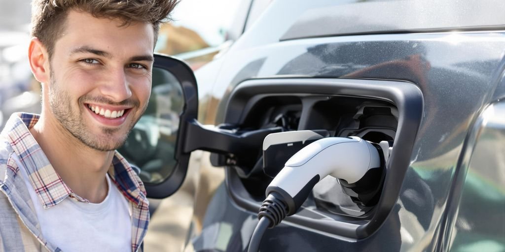 Étudiant souriant près d'une petite voiture électrique branchée.