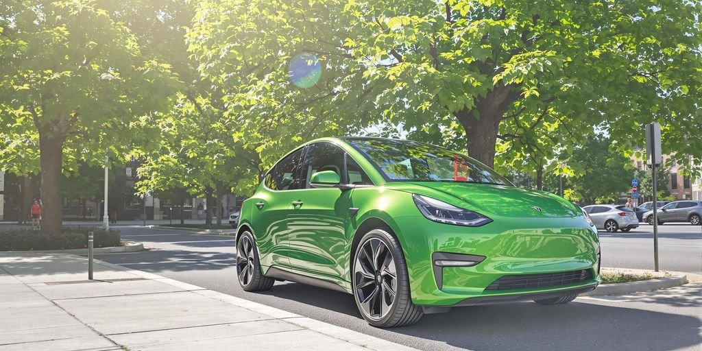 Voiture électrique verte, ville propre, ciel bleu