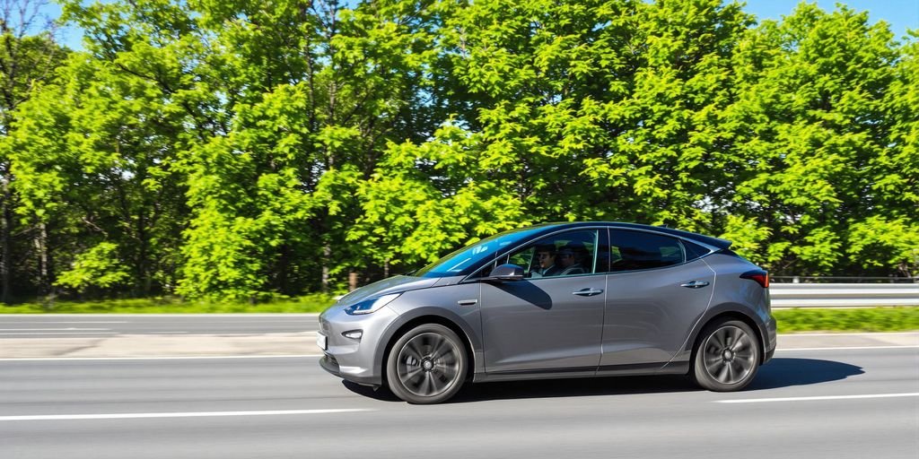 Voiture électrique moderne sur une route ensoleillée.