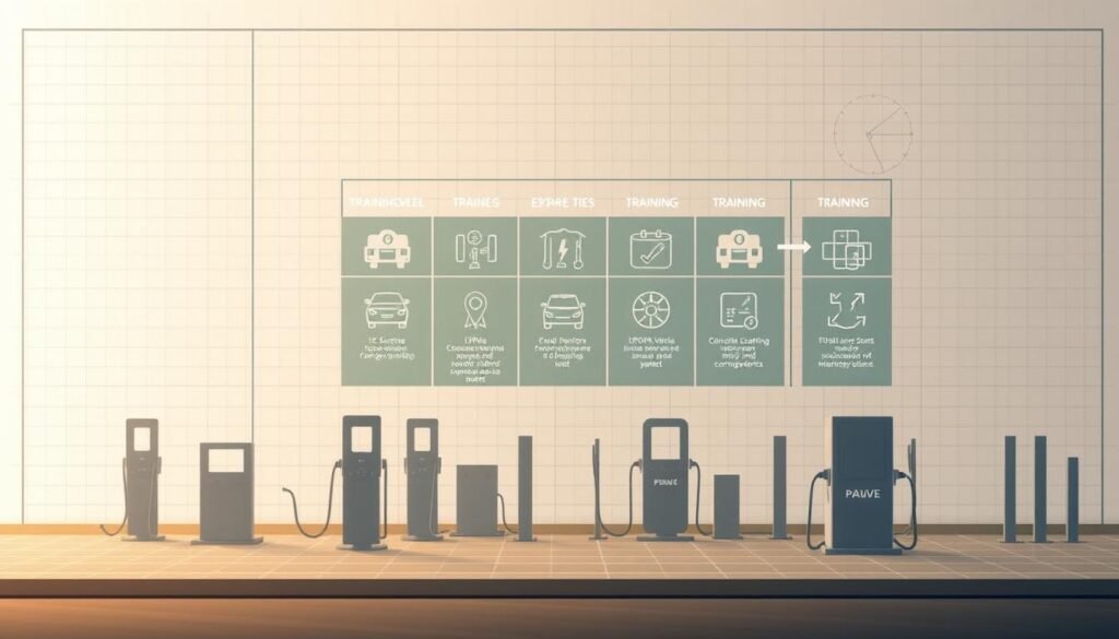 A blueprint-style illustration of the various training levels for electric vehicle charging infrastructure (IRVE), showcased against a clean, minimalist backdrop. The foreground depicts silhouettes of IRVE components, such as charging stations and control panels, arranged in a grid layout. The middle ground features simplified icons or infographic elements representing the different training tiers, with clear labels and a color-coded system. The background maintains a neutral, technical aesthetic, with subtle grid lines or engineering diagrams to reinforce the educational, informational nature of the image. Warm, muted lighting creates a sense of professionalism and authority, inviting the viewer to understand the structured training pathways available for IRVE installation and maintenance.