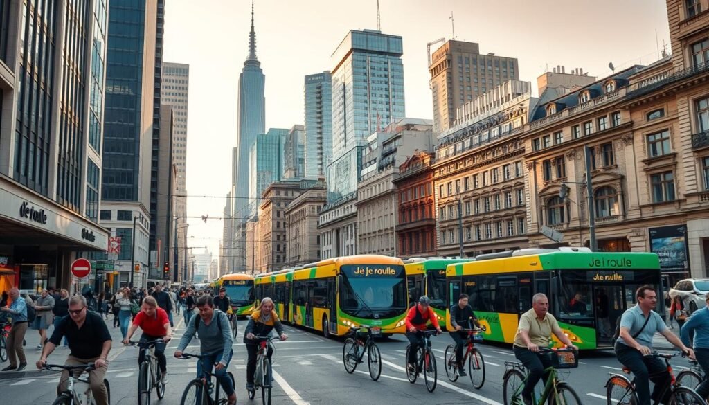 A bustling urban scene, captured with a wide-angle lens to emphasize the sense of scale and community. In the foreground, a diverse group of commuters - cyclists, pedestrians, and public transport users - navigate the vibrant streets, their paths intertwined as they collectively contribute to the flow of the city. In the middle ground, a series of eco-friendly public transport vehicles - buses, trams, and shared bikes - serve as the backbone of the "Je roule" mobility program, their bright, modern designs conveying a sense of sustainability and progress. The background is dominated by a mix of towering skyscrapers and historic buildings, casting warm, diffused lighting across the scene and creating an atmosphere of urban dynamism tempered by a touch of timeless charm. The overall image conveys the significant impact of the "Je roule" initiative in enhancing the collective mobility and livability of the city.