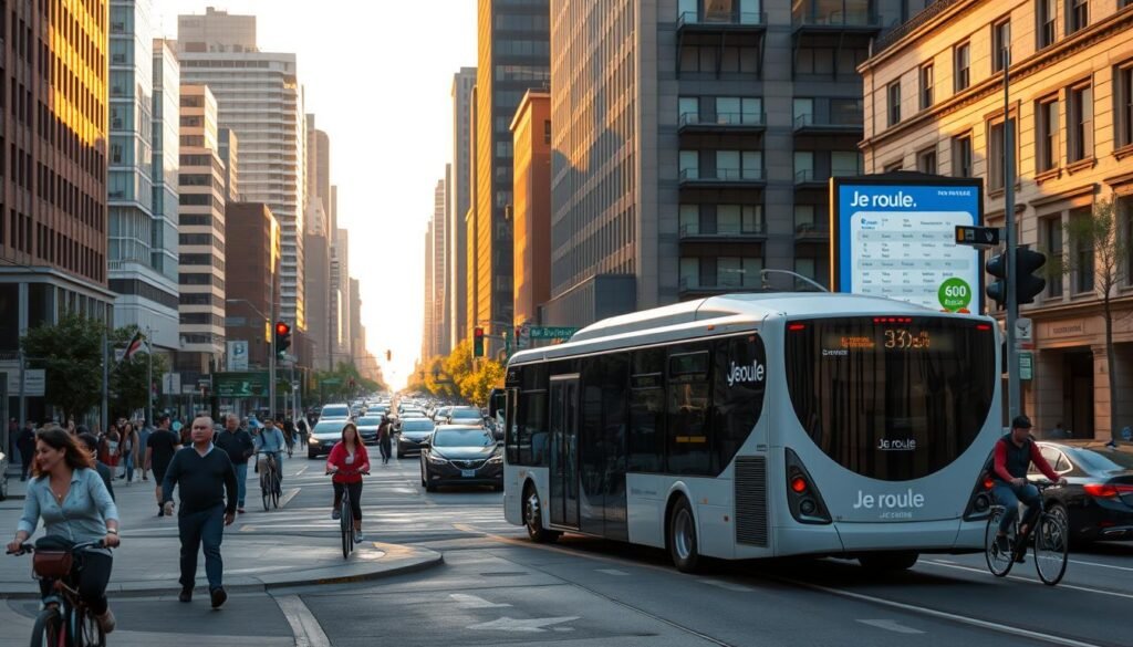 A bustling urban street scene, bathed in warm afternoon sunlight. In the foreground, a group of commuters board a modern, sleek electric bus emblazoned with the "Je roule" logo. Pedestrians stroll along the sidewalk, cyclists weave through traffic, and cars queue at a traffic light. In the middle ground, an electronic billboard displays real-time route information and schedules. The background features a mix of contemporary high-rise buildings and historical architecture, creating a vibrant, cosmopolitan atmosphere. Subtle hints of greenery and street furniture suggest a well-designed, pedestrian-friendly environment. The overall mood is one of efficiency, connectivity, and a commitment to sustainable, community-oriented transportation.