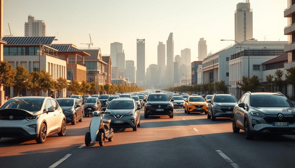 A bustling urban street scene showcasing an array of sleek, modern electric vehicles. In the foreground, a cluster of compact city cars and nimble e-scooters glide quietly along the road, their clean lines and vibrant colors catching the eye. The middle ground features a mix of larger electric SUVs and sedans, their aerodynamic silhouettes hinting at their efficient power. In the background, the skyline is dotted with towering buildings, their rooftops adorned with solar panels, creating a futuristic, sustainable atmosphere. The scene is bathed in warm, diffused lighting, casting long shadows and emphasizing the clean, emission-free nature of these vehicles. An inspiring vision of the electric mobility revolution transforming our cities.