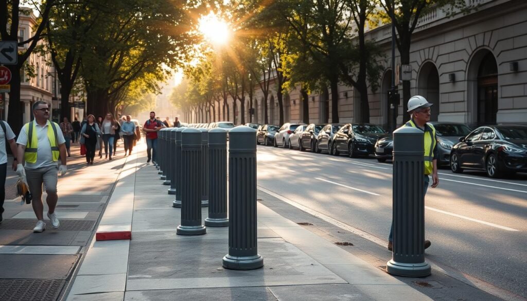 A bustling urban street, with pedestrians navigating around a series of meticulously placed roadside bollards. The bollards, in a muted tone of gray, stand tall and sturdy, guiding the flow of traffic and delineating the boundaries of the public space. Sunlight filters through the trees, casting a warm glow on the scene, as workers in high-visibility vests carefully oversee the installation process. In the background, a row of neatly parked cars and the façade of a nearby building add depth and context to the image. The overall atmosphere conveys a sense of order, efficiency, and the careful consideration given to the placement of these essential urban infrastructure elements.