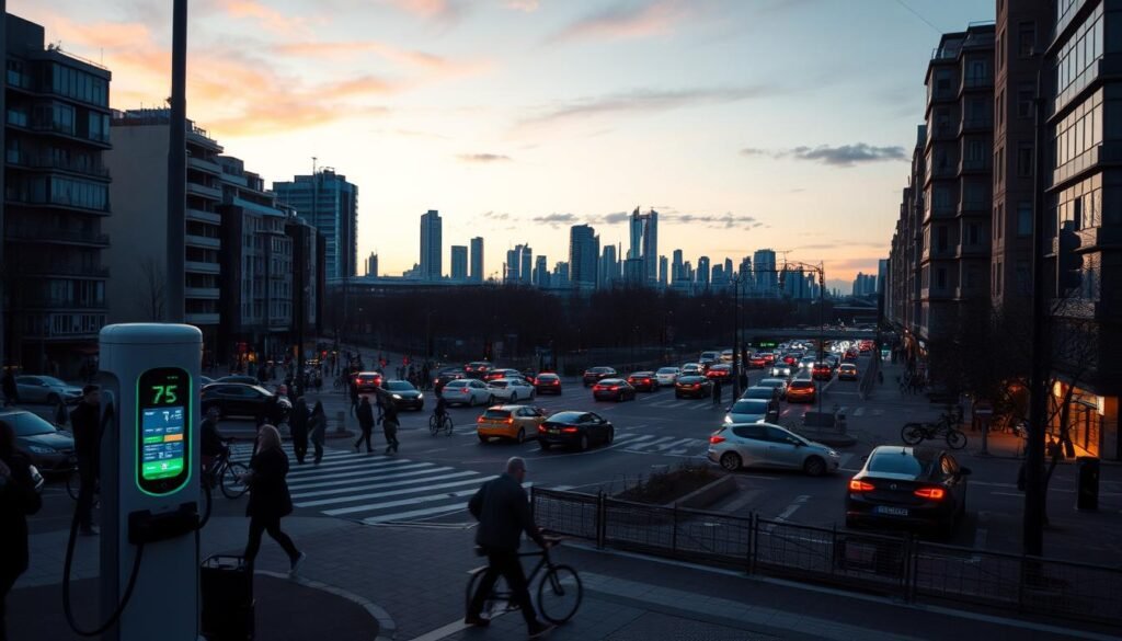 A cityscape at dusk, showcasing the challenges of electric mobility. In the foreground, an electric vehicle charging station surrounded by pedestrians and cyclists navigating the urban landscape. In the middle ground, a busy intersection with a mix of traditional and electric vehicles, their headlights and taillights creating a dynamic, futuristic atmosphere. In the background, a skyline of modern high-rises and infrastructure, hinting at the technological advancements and growing demand for sustainable transportation solutions. The scene is bathed in a warm, golden light, evoking a sense of progress and innovation, while the shadowy corners suggest the complexities and hurdles that the electric mobility sector must overcome. Cinematic camera angles and a sense of depth and scale capture the multifaceted nature of the "enjeux mobilité électrique" facing the AVERE France organization.