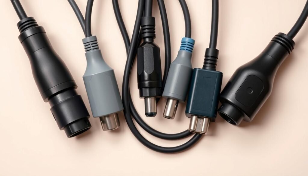 A close-up image of several electric vehicle charging cables and adapters, neatly arranged on a plain background. The cables are in various shades of black, grey, and blue, with metal connectors and sleek, modern designs. The scene is well-lit, with soft, diffused lighting that highlights the textures and details of the equipment. The layout is symmetrical and visually appealing, conveying a sense of organization and preparedness for a long road trip. The overall mood is one of functionality, reliability, and the practical necessities for a successful electric vehicle journey.