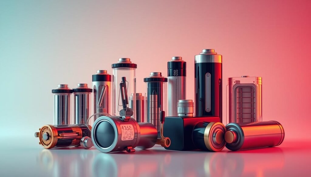 A cutting-edge array of next-generation battery technologies, their components elegantly showcased against a clean, minimalist backdrop. Sleek, futuristic lithium-ion cells, solid-state batteries, and advanced supercapacitors artfully displayed, their intricate inner workings visible through translucent casings. Warm, directional lighting accentuates the dynamic shapes and metallic accents, creating an aura of scientific innovation. The composition strikes a balance between technical precision and visual allure, inviting the viewer to explore the marvels of modern energy storage. A cutting-edge array of next-generation battery technologies, their components elegantly showcased against a clean, minimalist backdrop. Sleek, futuristic lithium-ion cells, solid-state batteries, and advanced supercapacitors artfully displayed, their intricate inner workings visible through translucent casings. Warm, directional lighting accentuates the dynamic shapes and metallic accents, creating an aura of scientific innovation. The composition strikes a balance between technical precision and visual allure, inviting the viewer to explore the marvels of modern energy storage.