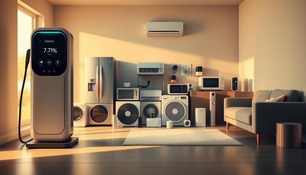 A detailed analysis of electrical consumption in a modern household, showcasing various electrical appliances and devices arranged in a clean, minimalist composition. The scene is bathed in warm, diffused lighting, casting soft shadows and highlighting the intricate details of the equipment. The foreground features a sleek, energy-efficient electric vehicle charging station, emphasizing the transition towards sustainable energy solutions. In the middle ground, a variety of household appliances, such as a refrigerator, air conditioner, and smart home devices, are neatly organized, displaying their power consumption metrics. The background subtly includes architectural elements, like a window or a wall, to provide context and depth to the overall scene.