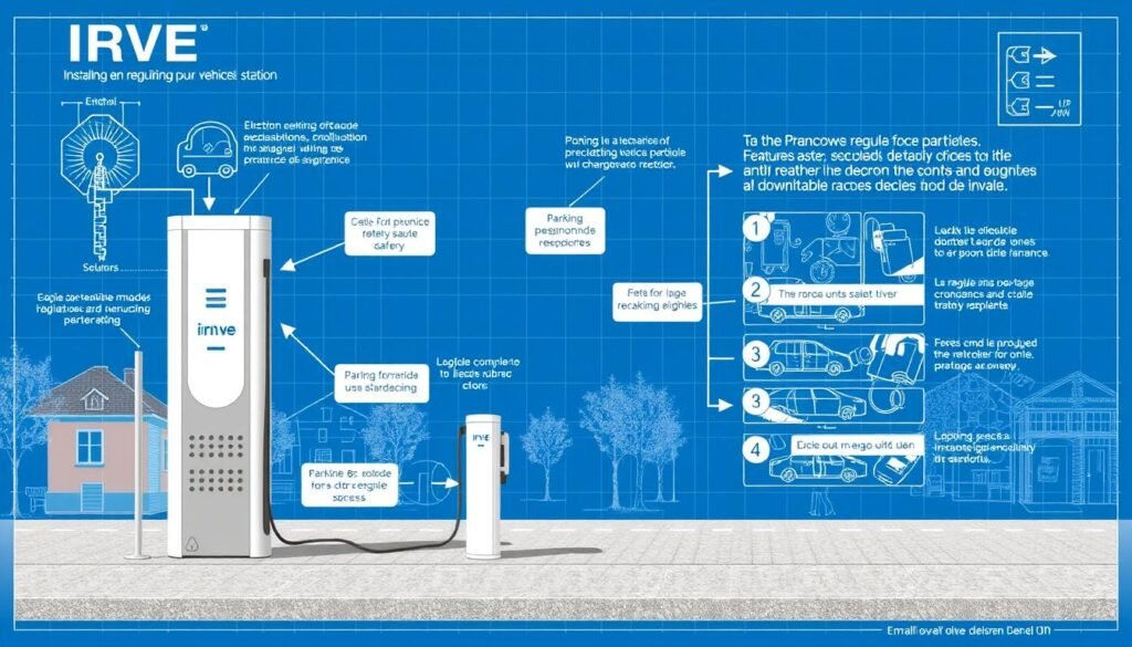 A detailed blueprint diagram showcasing the regulatory requirements for installing an IRVE (Infrastructures de Recharge pour Véhicules Électriques) charging station in France. The diagram is presented in a technical, engineering-style layout with precise schematics and annotations. The foreground features the central IRVE charging unit with callouts for the required electrical, safety, and accessibility features. The middle ground highlights the regulations for parking, signage, and landscaping around the charging station. The background depicts the local urban environment with buildings, trees, and pedestrians to establish the context. The overall mood is informative and authoritative, conveying the importance of adhering to the legal guidelines for IRVE installations.