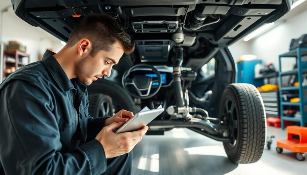 A detailed inspection of an electric vehicle's components, set against a clean, well-lit garage interior. The foreground depicts a mechanic closely examining the undercarriage, using a tablet to record findings. The middle ground showcases the vehicle's interior, with the dashboard and steering wheel in focus. The background features various tools, equipment, and storage shelves, creating an atmosphere of professional automotive maintenance. Soft, directional lighting casts subtle shadows, emphasizing the precision and care required for a thorough vehicle check-up. A detailed inspection of an electric vehicle's components, set against a clean, well-lit garage interior. The foreground depicts a mechanic closely examining the undercarriage, using a tablet to record findings. The middle ground showcases the vehicle's interior, with the dashboard and steering wheel in focus. The background features various tools, equipment, and storage shelves, creating an atmosphere of professional automotive maintenance. Soft, directional lighting casts subtle shadows, emphasizing the precision and care required for a thorough vehicle check-up.