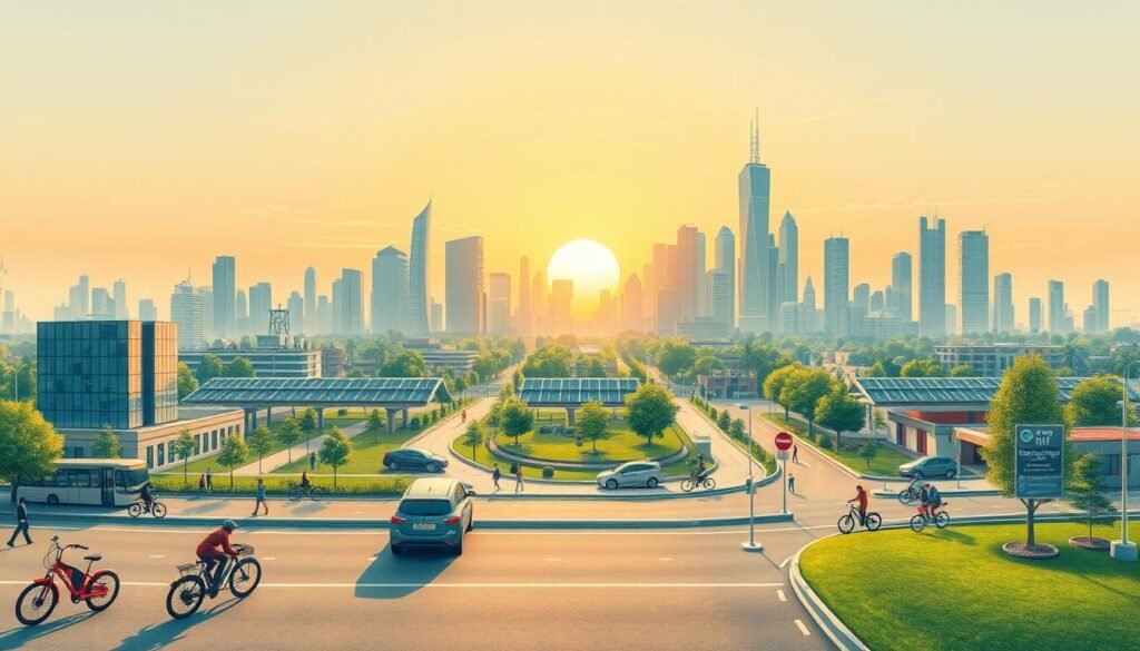 A detailed, panoramic illustration of the "objectives of the Mobility Orientation Law (LOM) for sustainable mobility", showcasing a clean, futuristic cityscape. The foreground features electric vehicles, bicycles, and pedestrians, reflecting eco-friendly transportation options. The middle ground displays modern, energy-efficient buildings, solar panels, and green spaces. The background depicts a picturesque skyline with towering skyscrapers and a glowing sunset sky. The scene is illuminated by warm, diffused lighting, captured with a wide-angle lens to convey a sense of scale and harmony. The overall mood is one of progress, sustainability, and a vision for a greener, more livable urban environment.
