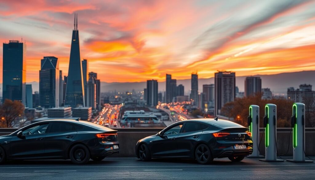 A dynamic cityscape at dusk, showcasing the exponential growth of electric vehicles in France. In the foreground, sleek, futuristic electric cars charge at a row of modern, streamlined charging stations, their silhouettes illuminated by warm, ambient lighting. The middle ground features a bustling urban landscape, with gleaming skyscrapers and infrastructure that supports the shift towards sustainable mobility. In the background, a vibrant, colorful sky with hues of orange and purple reflects the promise of a greener, more energy-efficient future. The composition conveys a sense of progress, innovation, and the accelerating adoption of electric vehicles in the French market. A dynamic cityscape at dusk, showcasing the exponential growth of electric vehicles in France. In the foreground, sleek, futuristic electric cars charge at a row of modern, streamlined charging stations, their silhouettes illuminated by warm, ambient lighting. The middle ground features a bustling urban landscape, with gleaming skyscrapers and infrastructure that supports the shift towards sustainable mobility. In the background, a vibrant, colorful sky with hues of orange and purple reflects the promise of a greener, more energy-efficient future. The composition conveys a sense of progress, innovation, and the accelerating adoption of electric vehicles in the French market.