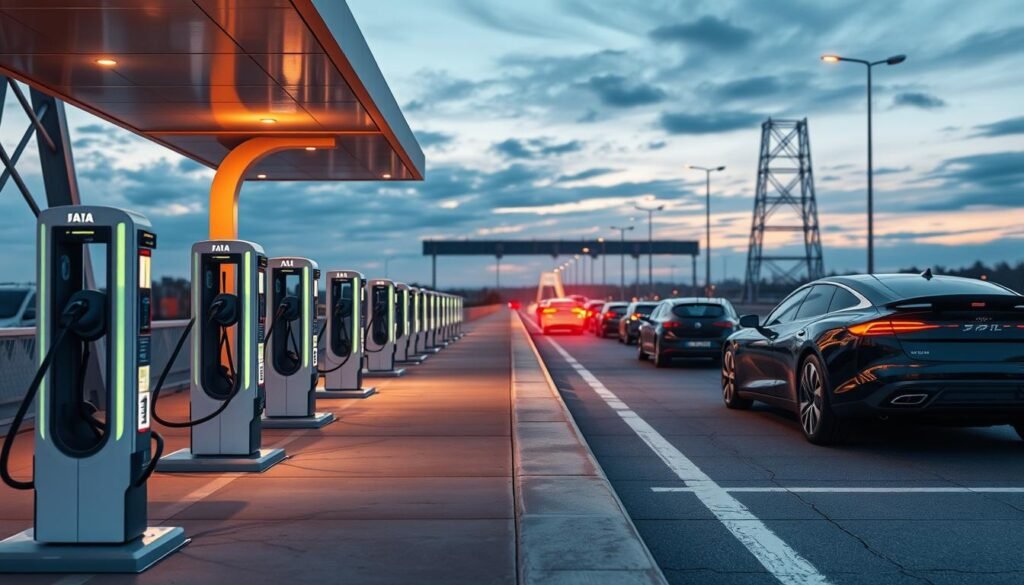 A futuristic electric vehicle charging station on a sleek, modern highway. The foreground features several charging ports, their sleek white and chrome surfaces illuminated by warm overhead lighting. The middle ground shows a lineup of electric cars, their angular silhouettes and vibrant colors contrasting with the grey concrete of the road. In the background, the highway stretches out, flanked by towering steel-and-glass structures, the sky above a gradient of blues and purples, hinting at the approaching dusk. The scene conveys a sense of efficiency, technological advancement, and the seamless integration of electric vehicles into the urban landscape.