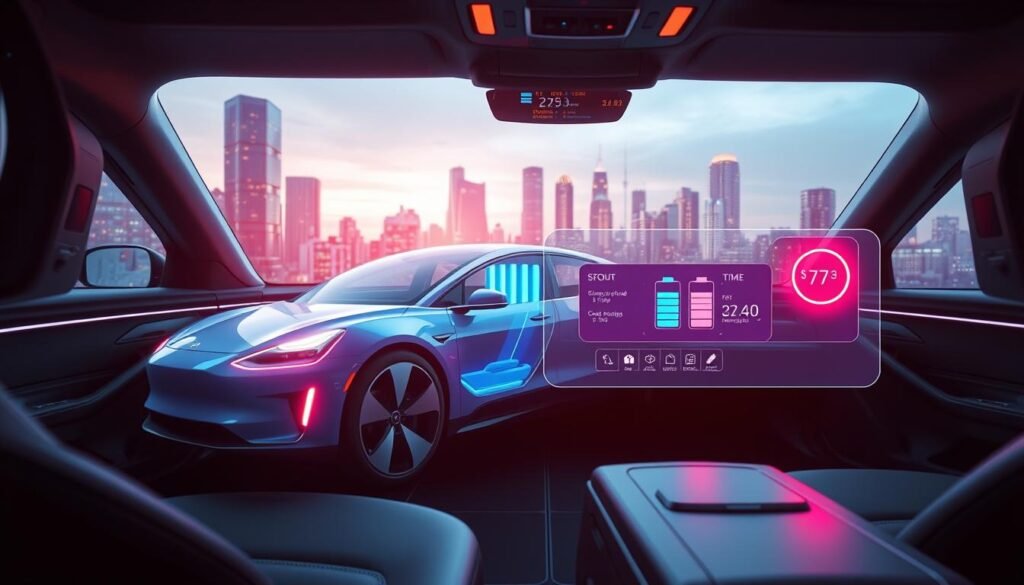 A futuristic, holographic user interface depicting a charge time simulation. The foreground shows a sleek, minimalist electric vehicle model, its battery charging visualization displayed in vibrant, animated holograms. The middle ground features an intuitive control panel with customizable charge settings, seamlessly integrated into a modern, tech-forward interior design. The background showcases a stylized, urban cityscape, hinting at the real-world application of this charge time simulation tool. Dramatic lighting, cinematic camera angles, and a sense of technological sophistication create an immersive, visually striking scene.