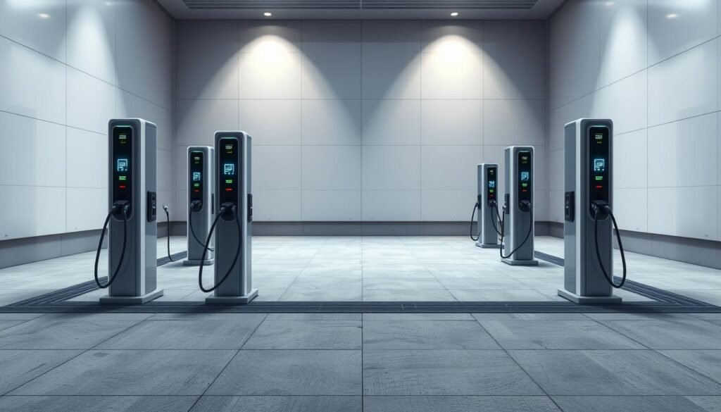 A futuristic, sleek installation of electric vehicle charging stations in a minimalist, modern setting. The foreground features several tall, cylindrical charging units with glowing interfaces and LED indicators, arranged in a symmetrical pattern. The middle ground showcases a clean, paved surface with subtle textures, surrounded by a contemporary architectural backdrop of smooth, reflective panels and geometric shapes. Soft, directional lighting from above casts gentle shadows, creating a sense of depth and highlighting the technological aesthetic. The overall mood is one of efficiency, innovation, and the progression towards a sustainable, electric-powered future. A futuristic, sleek installation of electric vehicle charging stations in a minimalist, modern setting. The foreground features several tall, cylindrical charging units with glowing interfaces and LED indicators, arranged in a symmetrical pattern. The middle ground showcases a clean, paved surface with subtle textures, surrounded by a contemporary architectural backdrop of smooth, reflective panels and geometric shapes. Soft, directional lighting from above casts gentle shadows, creating a sense of depth and highlighting the technological aesthetic. The overall mood is one of efficiency, innovation, and the progression towards a sustainable, electric-powered future.