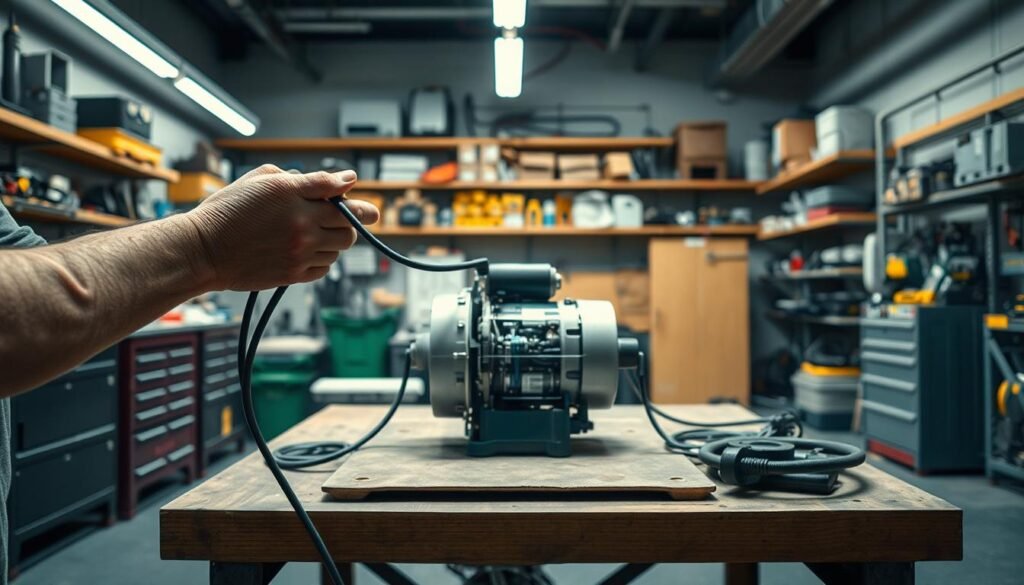 A high-detailed, photorealistic image of an electric motor installation process. In the foreground, a technician's hands carefully connecting wires and cables to the electric motor, their work illuminated by bright task lighting. In the middle ground, the electric motor sits on a workbench, its internal components visible through a transparent housing. The background shows a well-equipped workshop filled with tools, equipment, and shelves of spare parts, conveying a sense of technical expertise and professionalism. The overall scene has a clean, organized, and industrial aesthetic, with muted tones and balanced lighting to create a calm, focused atmosphere suitable for illustrating the key steps of converting a traditional gasoline vehicle to an electric powertrain. A high-detailed, photorealistic image of an electric motor installation process. In the foreground, a technician's hands carefully connecting wires and cables to the electric motor, their work illuminated by bright task lighting. In the middle ground, the electric motor sits on a workbench, its internal components visible through a transparent housing. The background shows a well-equipped workshop filled with tools, equipment, and shelves of spare parts, conveying a sense of technical expertise and professionalism. The overall scene has a clean, organized, and industrial aesthetic, with muted tones and balanced lighting to create a calm, focused atmosphere suitable for illustrating the key steps of converting a traditional gasoline vehicle to an electric powertrain.