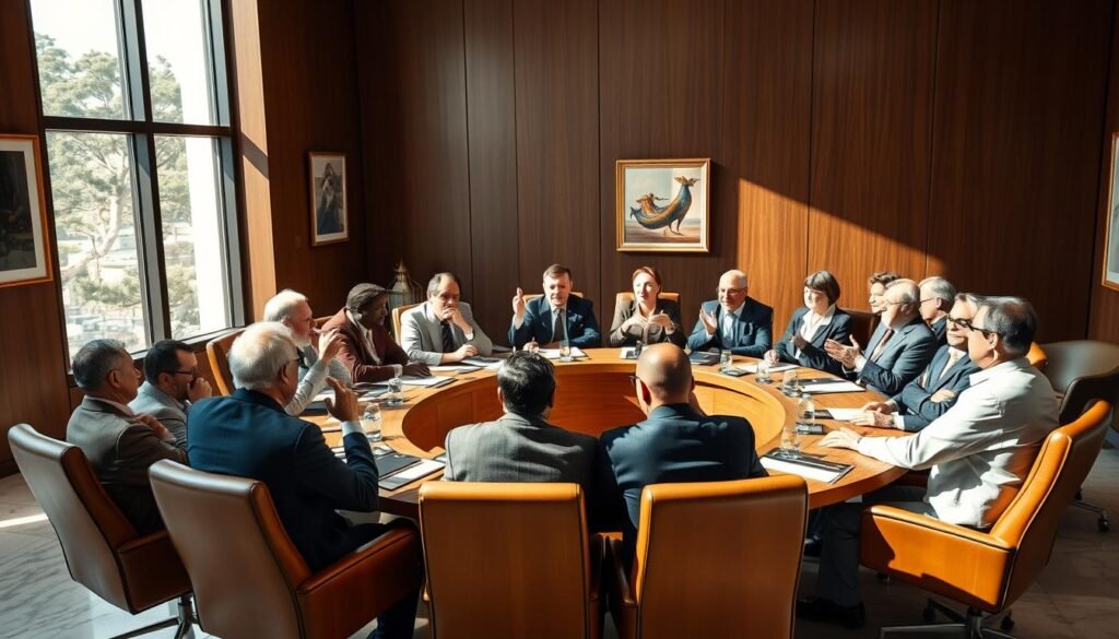 A meeting of shareholders in a modern conference room. Bright natural light streams through floor-to-ceiling windows, illuminating the curved wooden table and plush leather chairs. Around the table, a diverse group of individuals engaged in animated discussion, gesturing with their hands as they make their voices heard. The room has a sense of formality and importance, with carefully curated artwork on the walls and a polished marble floor underfoot. The overall atmosphere conveys a sense of democratic process, with all parties participating in an open and transparent manner.