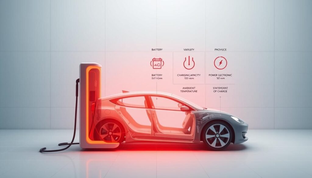 A meticulously designed cutaway diagram showcasing the key factors influencing electric vehicle charging time. In the foreground, an EV charging station is depicted, with a cutaway view revealing the internal components - battery, charging module, and power electronics. The middle ground features labeled diagrams highlighting variables such as battery capacity, charging power, ambient temperature, and state of charge. The background depicts a clean, minimalist environment with subtle grid lines, conveying a sense of technical precision. The lighting is soft and even, creating a mood of informative clarity. The overall composition emphasizes the technical, educational nature of the subject, guiding the viewer's understanding of the crucial elements that determine electric vehicle charging duration.