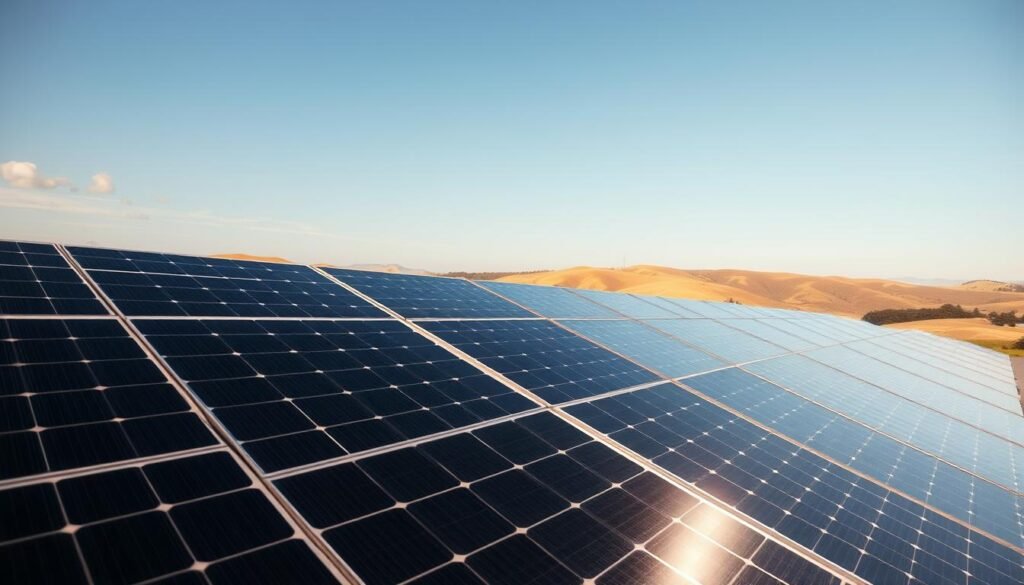 A meticulously designed solar panel array set against a bright, cloudless sky. The panels are arranged in a precise grid, their sleek black surfaces reflecting the sun's rays. The background features a serene, minimalist landscape, with rolling hills and a distant horizon. Warm, diffused lighting illuminates the scene, casting soft shadows and highlighting the technical details of the panels. The overall composition conveys a sense of efficiency, sustainability, and the power of renewable energy to charge an electric vehicle. A meticulously designed solar panel array set against a bright, cloudless sky. The panels are arranged in a precise grid, their sleek black surfaces reflecting the sun's rays. The background features a serene, minimalist landscape, with rolling hills and a distant horizon. Warm, diffused lighting illuminates the scene, casting soft shadows and highlighting the technical details of the panels. The overall composition conveys a sense of efficiency, sustainability, and the power of renewable energy to charge an electric vehicle.