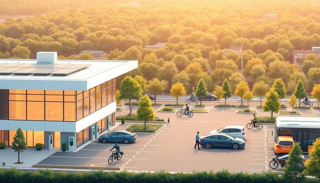 A modern, minimalist illustration of "Conseils écomobilité entreprise". In the foreground, a sleek, futuristic office building with solar panels on the roof and electric charging stations in the parking lot. In the middle ground, employees commuting by electric vehicles, bicycles, and public transportation. In the background, a lush urban landscape with trees and greenery. The scene is bathed in warm, natural lighting, conveying a sense of sustainability, efficiency, and environmental consciousness. The overall atmosphere is clean, progressive, and inspirational, reflecting the practical advice for implementing eco-mobility initiatives in the workplace.