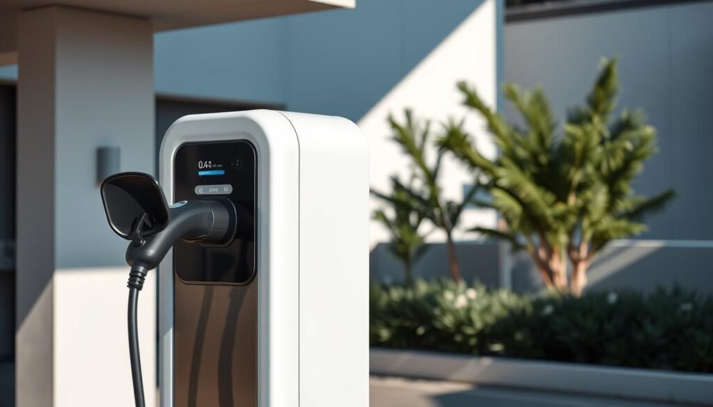A modern, technologically-advanced electric vehicle charging station with a sleek, minimalist design. The foreground depicts the charging port and interface, showcasing the intuitive controls and display. The middle ground features the charging station's body, constructed with smooth, brushed metal panels in a neutral color palette. The background subtly conveys an urban setting, with simple architectural elements and a hint of greenery, evoking a sustainable, eco-friendly atmosphere. The lighting is crisp and directional, casting subtle shadows that accentuate the station's clean lines and elegant form. The overall scene conveys a sense of accessibility, efficiency, and the future of electric mobility. A modern, technologically-advanced electric vehicle charging station with a sleek, minimalist design. The foreground depicts the charging port and interface, showcasing the intuitive controls and display. The middle ground features the charging station's body, constructed with smooth, brushed metal panels in a neutral color palette. The background subtly conveys an urban setting, with simple architectural elements and a hint of greenery, evoking a sustainable, eco-friendly atmosphere. The lighting is crisp and directional, casting subtle shadows that accentuate the station's clean lines and elegant form. The overall scene conveys a sense of accessibility, efficiency, and the future of electric mobility.