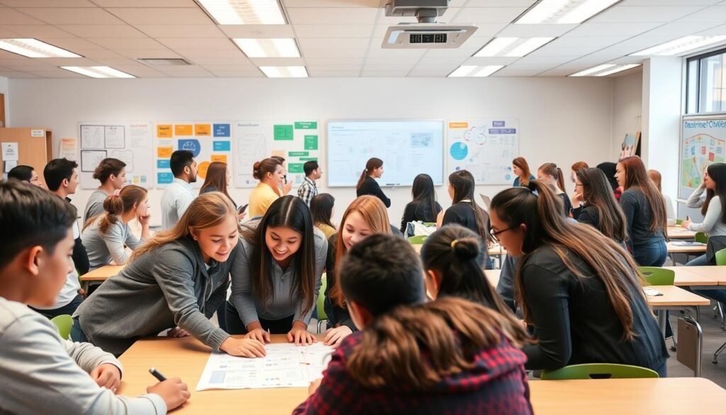 A modern, well-lit classroom setting with an array of students engaged in lively discussions and collaborative activities. The foreground features a group of learners leaning over a table, intently focused on a project they are working on together. In the middle ground, other students can be seen presenting their ideas to the class, while the background showcases a vibrant display of educational materials, such as diagrams, charts, and interactive whiteboards. The overall atmosphere conveys a sense of intellectual curiosity, active learning, and a supportive educational environment. A modern, well-lit classroom setting with an array of students engaged in lively discussions and collaborative activities. The foreground features a group of learners leaning over a table, intently focused on a project they are working on together. In the middle ground, other students can be seen presenting their ideas to the class, while the background showcases a vibrant display of educational materials, such as diagrams, charts, and interactive whiteboards. The overall atmosphere conveys a sense of intellectual curiosity, active learning, and a supportive educational environment.