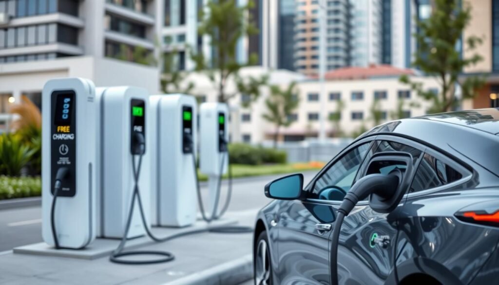A modern, well-lit electric vehicle charging station with multiple charging ports, situated in a clean, urban environment. The station has a sleek, minimalist design with clear signage indicating "Free Charging" options. In the foreground, a mid-size electric car is plugged in, with the charging port visible. The background features a mixture of contemporary buildings and greenery, creating a sense of sustainability and progress. The lighting is soft and even, highlighting the clean lines of the charging station and the car. The overall scene conveys a sense of convenience, accessibility, and environmental consciousness. A modern, well-lit electric vehicle charging station with multiple charging ports, situated in a clean, urban environment. The station has a sleek, minimalist design with clear signage indicating "Free Charging" options. In the foreground, a mid-size electric car is plugged in, with the charging port visible. The background features a mixture of contemporary buildings and greenery, creating a sense of sustainability and progress. The lighting is soft and even, highlighting the clean lines of the charging station and the car. The overall scene conveys a sense of convenience, accessibility, and environmental consciousness.