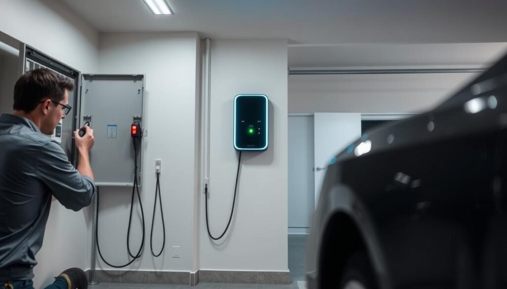 A modern, well-lit interior showing the installation process of a home electric vehicle charging station. In the foreground, a technician kneels by an open electrical panel, carefully connecting wires to power the charging unit. In the middle ground, the sleek, minimalist charging station is mounted on the wall, its LED indicators glowing softly. The background reveals a tidy, organized garage space, hinting at the homeowner's commitment to sustainable mobility. The scene conveys a sense of efficiency, technological prowess, and the empowerment of electric vehicle ownership.