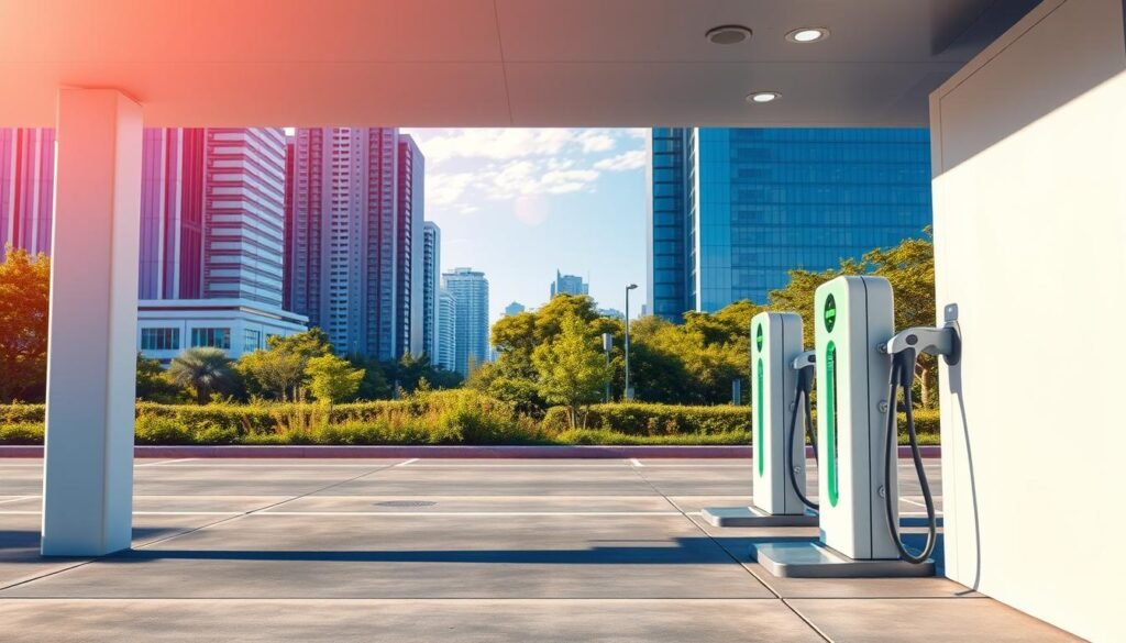 A modern, well-lit public charging station for electric vehicles. In the foreground, a series of sleek, futuristic charging ports adorned with glowing LED indicators, inviting drivers to park and recharge. The middle ground features a clean, minimalist design with smooth concrete surfaces and subtle branding, conveying a sense of efficiency and technological advancement. The background showcases a vibrant urban landscape, with tall buildings, lush greenery, and a clear, blue sky, creating a harmonious blend of nature and innovation. The overall scene is bathed in a warm, welcoming light, evoking a sense of progress and the future of sustainable mobility. A modern, well-lit public charging station for electric vehicles. In the foreground, a series of sleek, futuristic charging ports adorned with glowing LED indicators, inviting drivers to park and recharge. The middle ground features a clean, minimalist design with smooth concrete surfaces and subtle branding, conveying a sense of efficiency and technological advancement. The background showcases a vibrant urban landscape, with tall buildings, lush greenery, and a clear, blue sky, creating a harmonious blend of nature and innovation. The overall scene is bathed in a warm, welcoming light, evoking a sense of progress and the future of sustainable mobility.