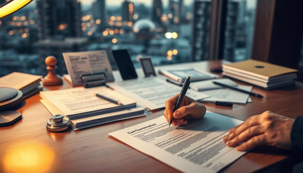 A neatly organized desk with various official documents, forms, and stamps prominently displayed, illuminated by warm, soft lighting that conveys a sense of professionalism and attention to detail. In the foreground, a hand is signing a document, highlighting the process of obtaining necessary authorizations. The background features a blurred cityscape, suggesting the urban setting and the importance of proper procedures for residential electrical installations.