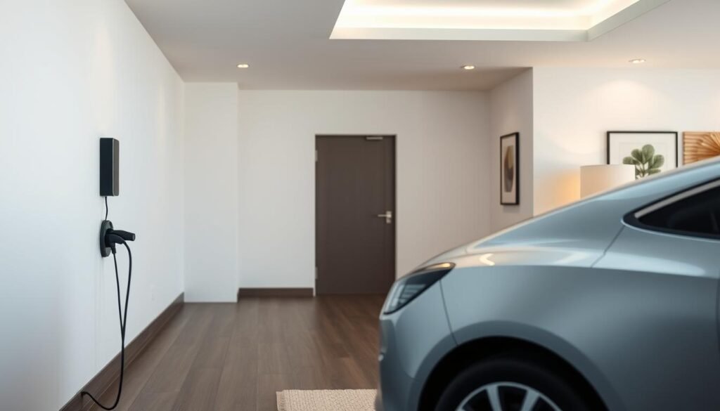 A serene, well-lit interior scene showcasing the advantages of an electric vehicle charging station. In the foreground, a sleek, modern electric car is plugged into a discrete, unobtrusive wall-mounted charging unit. The middle ground features clean, minimalist design elements that complement the car, creating a harmonious, high-tech atmosphere. The background subtly suggests the comforts of a home setting, with soft lighting and tasteful decor. The overall composition conveys a sense of efficiency, convenience, and the seamless integration of electric mobility into daily life.