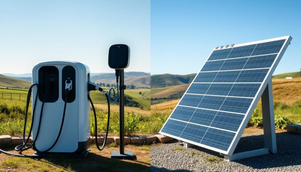 A side-by-side comparison of a traditional electrical vehicle charging station and a solar charging setup. In the foreground, a sleek, modern electric car is parked, its charging port open and ready. On the left, a conventional charging station stands with its iconic design, cables snaking out. On the right, a neatly arranged solar panel array tilts towards the sun, collecting energy to power the car's recharge. The background features a serene, sun-dappled landscape, with rolling hills and a clear blue sky. Bright, even lighting captures the scene in crisp detail, highlighting the contrasting charging methods and their environmental impact. An atmospheric image that visually conveys the choice between traditional and renewable energy sources for powering electric vehicles. A side-by-side comparison of a traditional electrical vehicle charging station and a solar charging setup. In the foreground, a sleek, modern electric car is parked, its charging port open and ready. On the left, a conventional charging station stands with its iconic design, cables snaking out. On the right, a neatly arranged solar panel array tilts towards the sun, collecting energy to power the car's recharge. The background features a serene, sun-dappled landscape, with rolling hills and a clear blue sky. Bright, even lighting captures the scene in crisp detail, highlighting the contrasting charging methods and their environmental impact. An atmospheric image that visually conveys the choice between traditional and renewable energy sources for powering electric vehicles.