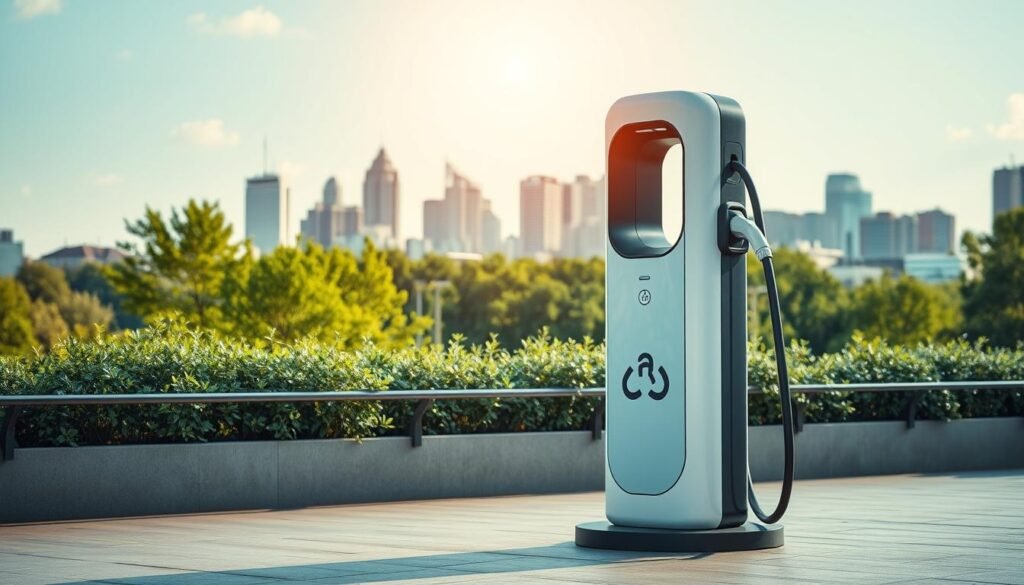 A sleek and modern electric vehicle charging station situated in a clean, well-lit public space. The foreground showcases the charging port, highlighting its intuitive design and the effortless process of plugging in the car. The middle ground depicts a contrastingly lush, verdant landscape, emphasizing the environmentally friendly aspect of electric vehicles. In the background, a city skyline with a mix of contemporary and historic architectural elements provides a sense of urban progress and sustainability. The scene is illuminated by a warm, natural light, creating a welcoming and inviting atmosphere that captures the advantages of electric vehicle charging infrastructure. A sleek and modern electric vehicle charging station situated in a clean, well-lit public space. The foreground showcases the charging port, highlighting its intuitive design and the effortless process of plugging in the car. The middle ground depicts a contrastingly lush, verdant landscape, emphasizing the environmentally friendly aspect of electric vehicles. In the background, a city skyline with a mix of contemporary and historic architectural elements provides a sense of urban progress and sustainability. The scene is illuminated by a warm, natural light, creating a welcoming and inviting atmosphere that captures the advantages of electric vehicle charging infrastructure.