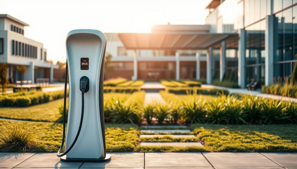 A sleek, modern electric vehicle charging station stands prominently in the foreground, its smooth curves and minimalist design conveying a sense of efficiency and innovation. The station's charging port is illuminated, indicating it is ready to power up an electric vehicle. In the middle ground, the station is surrounded by a neatly landscaped outdoor setting, with lush greenery and well-maintained pathways leading up to the charging point. The background features a blend of contemporary architectural elements, such as clean-lined buildings and overhead canopies, all bathed in a warm, natural lighting that casts gentle shadows and highlights the station's refined aesthetic. The overall scene exudes a sense of technological progress and environmental consciousness, perfectly capturing the essence of an IRVE charging installation. A sleek, modern electric vehicle charging station stands prominently in the foreground, its smooth curves and minimalist design conveying a sense of efficiency and innovation. The station's charging port is illuminated, indicating it is ready to power up an electric vehicle. In the middle ground, the station is surrounded by a neatly landscaped outdoor setting, with lush greenery and well-maintained pathways leading up to the charging point. The background features a blend of contemporary architectural elements, such as clean-lined buildings and overhead canopies, all bathed in a warm, natural lighting that casts gentle shadows and highlights the station's refined aesthetic. The overall scene exudes a sense of technological progress and environmental consciousness, perfectly capturing the essence of an IRVE charging installation.