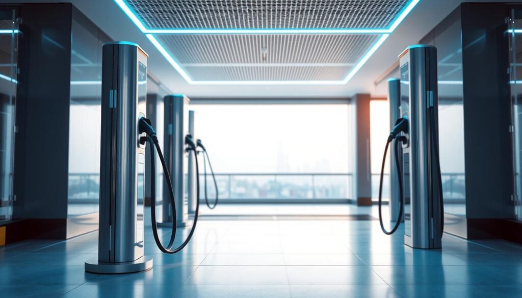 A sleek, modern electric vehicle charging station stands prominently in the foreground, its clean lines and metallic accents reflecting the precision and innovation of its technical design. The middle ground features a well-lit, minimalist environment, with a cool, blue-tinted lighting scheme that enhances the station's advanced functionality. In the background, a subtle cityscape backdrop suggests an urban setting, underscoring the station's role in the broader transition to sustainable transportation. The overall composition conveys a sense of technological sophistication and environmental responsibility, capturing the essence of the "innovative electric vehicle charging solutions" described in the article's section title.