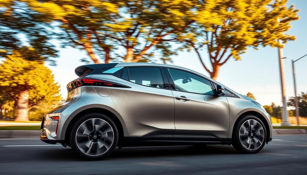 A sleek, modern electric vehicle glides silently down a clean, urban street, leaving behind no tailpipe emissions. The vehicle's exterior gleams under warm, directional lighting, highlighting the streamlined, aerodynamic design. In the background, lush, verdant trees and a clear blue sky convey a sense of environmental harmony. The image communicates the idea of a sustainable, emissions-free mode of transportation that contributes to the reduction of the vehicle's carbon footprint, aligning with the article's focus on the benefits of electric vehicles.