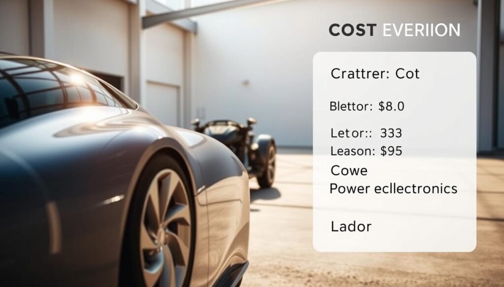 A sleek, modern electric vehicle in the foreground, its glossy exterior reflecting the sunlight. In the middle ground, a detailed breakdown of the cost components for the conversion process - the battery pack, motor, power electronics, and labor. The background features a clean, minimalist environment, emphasizing the clean, emission-free nature of the electric drivetrain. The scene is bathed in a warm, inviting light, conveying the accessibility and affordability of electric vehicle conversion. Captured with a wide-angle lens to showcase the depth and scale of the scene. A sleek, modern electric vehicle in the foreground, its glossy exterior reflecting the sunlight. In the middle ground, a detailed breakdown of the cost components for the conversion process - the battery pack, motor, power electronics, and labor. The background features a clean, minimalist environment, emphasizing the clean, emission-free nature of the electric drivetrain. The scene is bathed in a warm, inviting light, conveying the accessibility and affordability of electric vehicle conversion. Captured with a wide-angle lens to showcase the depth and scale of the scene.