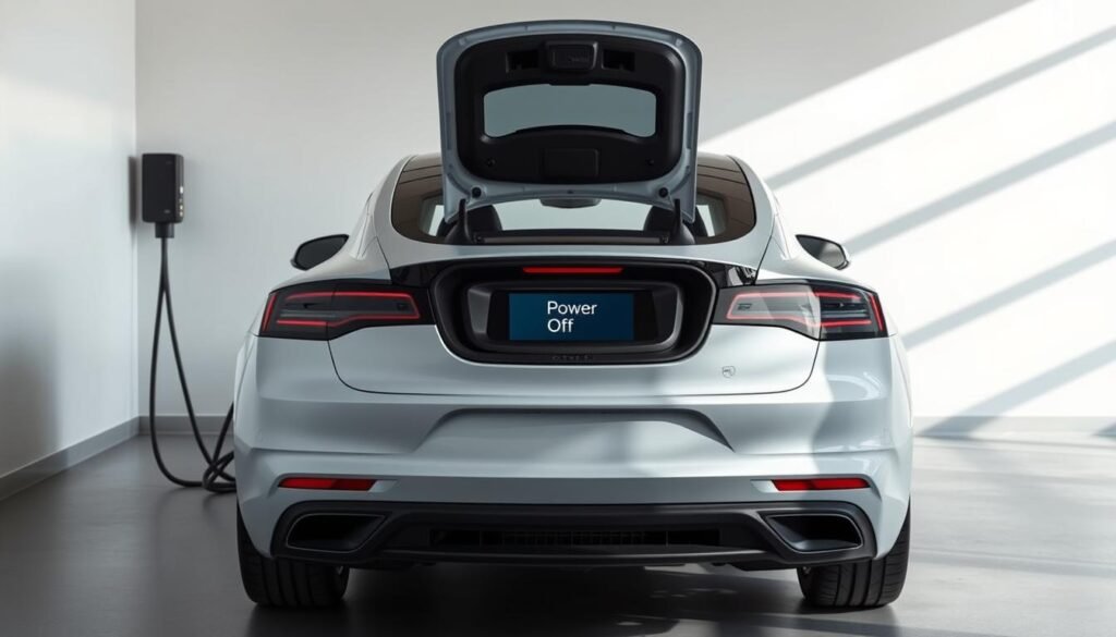 A sleek, modern electric vehicle, its charging port open, stands in a minimalist, well-lit garage. The vehicle's dashboard and center console displays a "power off" screen, indicating the successful completion of the power-down procedure. Subtle shadows cast by the car's lines create a sense of depth and volume. The scene exudes a calm, professional atmosphere, reflecting the careful and methodical nature of the electric vehicle power-down process.