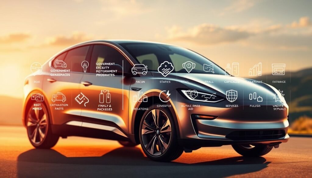 A sleek, modern electric vehicle prominently displayed in the foreground, bathed in warm, soft lighting that highlights its elegant curves and gleaming finish. In the middle ground, various government incentive programs and financial aid packages are showcased through a series of stylized, infographic-style icons and illustrations. The background is a blurred, ethereal landscape, suggesting a sustainable, eco-friendly future. The overall composition conveys a sense of progress, innovation, and the tangible benefits of transitioning to electric mobility.