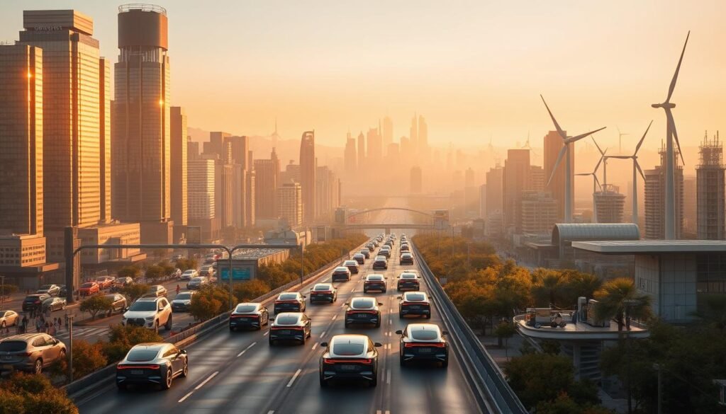 A sprawling cityscape with gleaming skyscrapers and bustling streets, illuminated by warm golden light. In the foreground, a fleet of sleek, futuristic electric vehicles glide silently along dedicated eco-mobility lanes, their aerodynamic designs and vibrant color schemes reflecting the innovative technologies that power them. In the middle ground, charging stations and battery-swap hubs dot the landscape, seamlessly integrated into the urban environment. In the background, wind turbines and solar panels dot the horizon, harnessing renewable energy to fuel this sustainable transportation ecosystem. The overall scene conveys a sense of progress, efficiency, and environmental consciousness - a vision of the future of urban mobility.