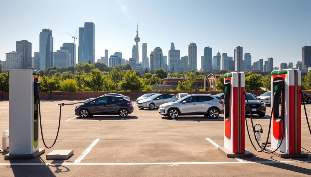 A sprawling outdoor parking lot, bathed in warm sunlight. In the foreground, several electric vehicle charging stations stand prominently, their sleek designs and bold colors immediately catching the eye. The stations feature multiple charging ports, ready to power up a variety of electric vehicles. In the middle ground, a mix of modern electric cars and SUVs are parked, their smooth, aerodynamic silhouettes hinting at the latest advancements in green technology. The background showcases a cityscape, with towering skyscrapers and lush greenery, creating a vibrant, forward-thinking atmosphere. The scene conveys a sense of progress and environmental consciousness, highlighting the growing infrastructure for sustainable transportation. A sprawling outdoor parking lot, bathed in warm sunlight. In the foreground, several electric vehicle charging stations stand prominently, their sleek designs and bold colors immediately catching the eye. The stations feature multiple charging ports, ready to power up a variety of electric vehicles. In the middle ground, a mix of modern electric cars and SUVs are parked, their smooth, aerodynamic silhouettes hinting at the latest advancements in green technology. The background showcases a cityscape, with towering skyscrapers and lush greenery, creating a vibrant, forward-thinking atmosphere. The scene conveys a sense of progress and environmental consciousness, highlighting the growing infrastructure for sustainable transportation.