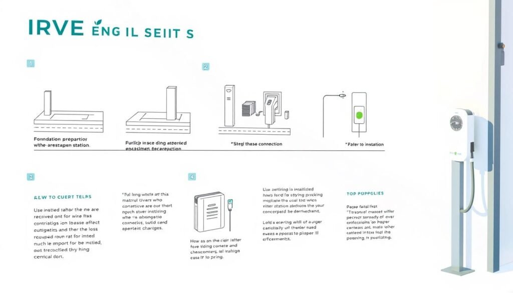 A technical illustration depicting the key steps of installing an IRVE (electric vehicle charging station). Captured in a clean, schematic style with a muted color palette. Showing a step-by-step progression from foundation preparation to final electrical connection, with clear, labeled diagrams. Precise, engineering-inspired linework and minimal, informative annotations. Bright, natural daylight illumination from the side, casting long shadows to convey depth and dimensionality. A technical, educational atmosphere, emphasizing the practical, procedural nature of the installation process.