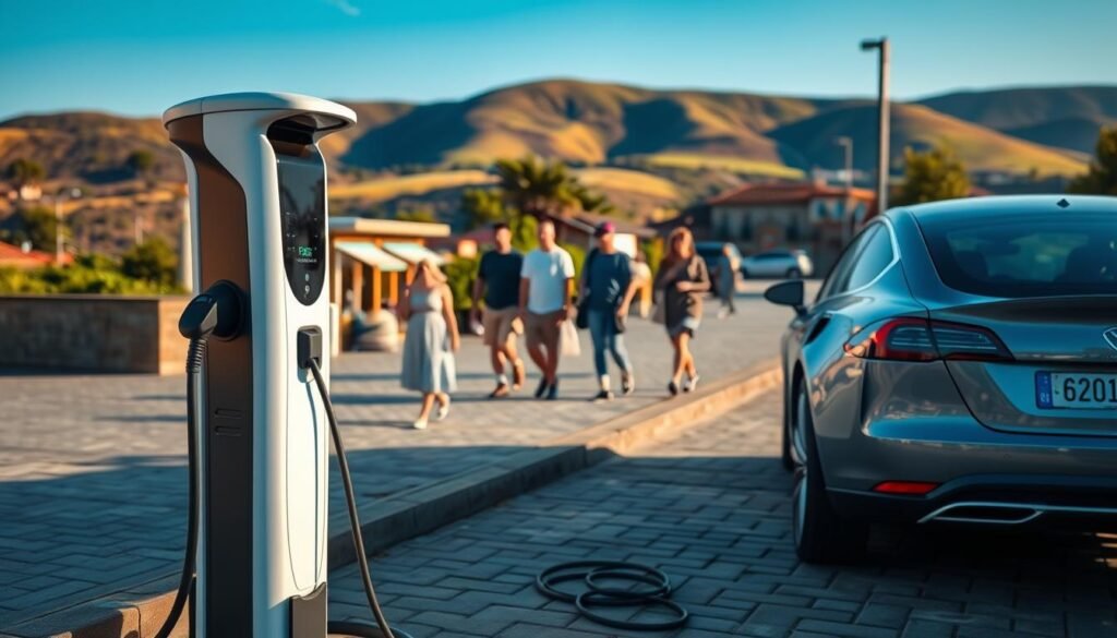 A tranquil outdoor scene at a scenic tourist destination, with an electric vehicle charging station in the foreground. The station is modern, sleek, and prominently displayed, with cables snaking across the ground. In the middle ground, visitors stroll along a quaint street lined with charming shops and cafes, their faces lit by warm, golden sunlight. In the background, rolling hills or a picturesque landscape provide a serene, natural backdrop. The overall atmosphere conveys a sense of relaxation and the ability to make the most of one's time while the electric vehicle recharges.