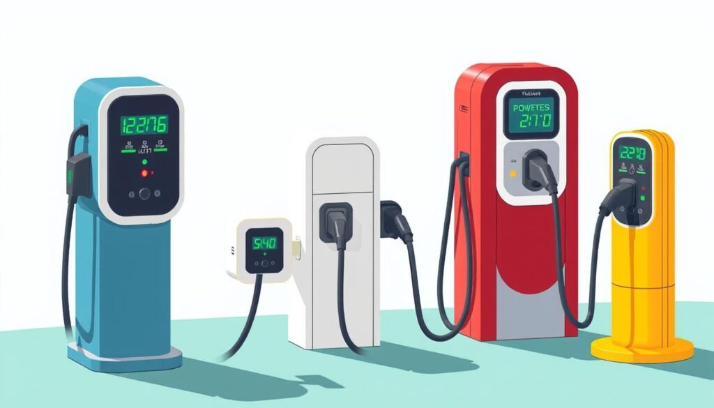 A vibrant, detailed illustration of various electric vehicle charging stations, featuring different charging port types and power levels. The image should capture the diversity of charging infrastructure, with a clean, technical aesthetic. Depict the charging stations in a well-lit, angular perspective, showcasing their distinct shapes, colors, and features. Convey a sense of functionality and practicality, highlighting the essential components that allow drivers to charge their vehicles efficiently. The overall composition should be visually striking, guiding the viewer's attention to the key charging station types, without any distracting elements. A vibrant, detailed illustration of various electric vehicle charging stations, featuring different charging port types and power levels. The image should capture the diversity of charging infrastructure, with a clean, technical aesthetic. Depict the charging stations in a well-lit, angular perspective, showcasing their distinct shapes, colors, and features. Convey a sense of functionality and practicality, highlighting the essential components that allow drivers to charge their vehicles efficiently. The overall composition should be visually striking, guiding the viewer's attention to the key charging station types, without any distracting elements.