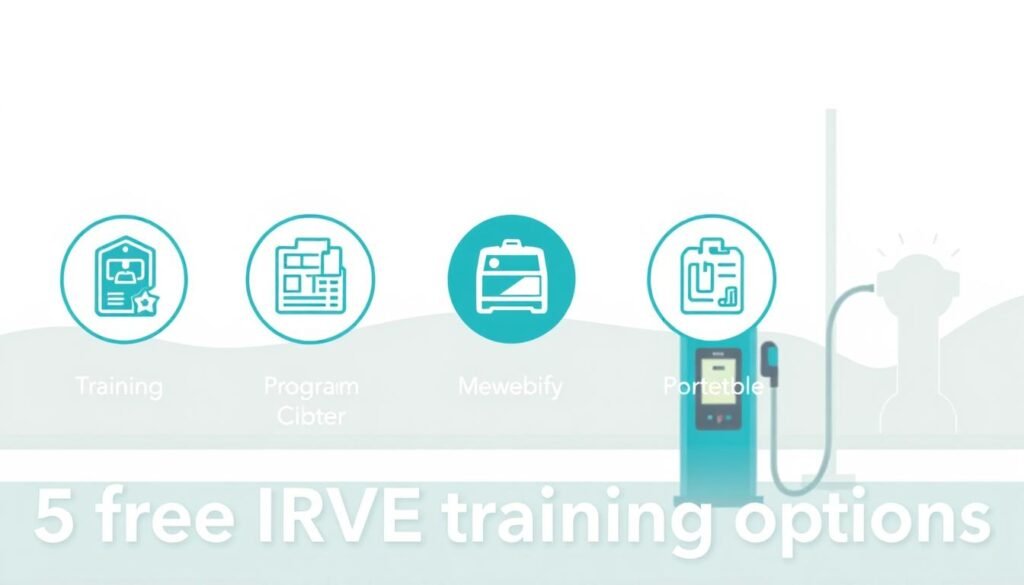 A vibrant, informative graphic depicting five distinct training options for IRVE (Infrastructure for Electric Vehicles). In the foreground, five icons or illustrations represent the key certification programs, each with a clear, concise label. The middle ground showcases a clean, minimalist layout with ample white space, allowing the icons to shine. The background features a subtle gradient or texture, perhaps with a hint of an electric vehicle or charging station silhouette, conveying the relevant subject matter. The overall aesthetic is modern, educational, and visually engaging, perfectly suited to illustrate the "5 free IRVE training options" section of the article.
