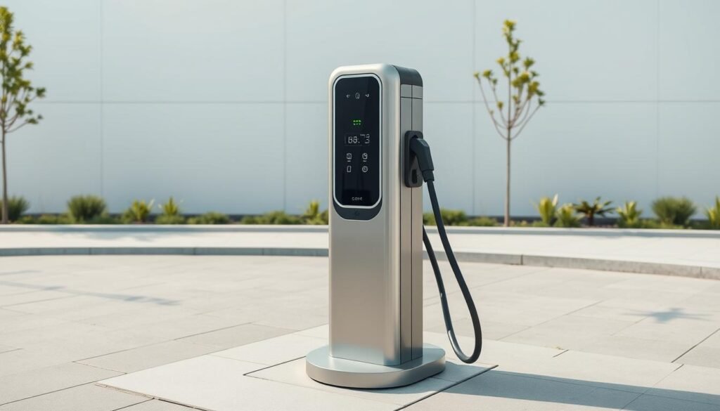A well-lit, high-angle view of a sleek, modern electric vehicle charging station, set against a clean, minimalist urban backdrop. The charging port, mounted on a sturdy, brushed metal pedestal, is the focal point, with its intuitive interface and LED indicators clearly visible. The station is positioned in a neatly paved, landscaped area, with subtle architectural elements in the background suggesting a commercial or residential setting. The overall scene conveys a sense of efficiency, practicality, and technological integration, reflecting the optimal balance of power and cost-effectiveness for everyday use. A well-lit, high-angle view of a sleek, modern electric vehicle charging station, set against a clean, minimalist urban backdrop. The charging port, mounted on a sturdy, brushed metal pedestal, is the focal point, with its intuitive interface and LED indicators clearly visible. The station is positioned in a neatly paved, landscaped area, with subtle architectural elements in the background suggesting a commercial or residential setting. The overall scene conveys a sense of efficiency, practicality, and technological integration, reflecting the optimal balance of power and cost-effectiveness for everyday use.