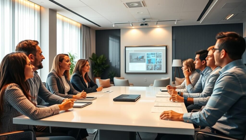A well-lit, modern office setting with a group of professional individuals engaged in a training session. In the foreground, a diverse team of employees seated around a sleek conference table, their faces animated as they discuss topics related to electric vehicle technology. Soft indirect lighting casts a warm glow, highlighting the focused expressions and collaborative atmosphere. In the middle ground, a large projection screen displays visuals to support the training, while the background features stylish furniture and decor, conveying a sense of an innovative, forward-thinking work environment. The overall scene evokes a positive, productive, and skill-building experience for the electric vehicle professionals. A well-lit, modern office setting with a group of professional individuals engaged in a training session. In the foreground, a diverse team of employees seated around a sleek conference table, their faces animated as they discuss topics related to electric vehicle technology. Soft indirect lighting casts a warm glow, highlighting the focused expressions and collaborative atmosphere. In the middle ground, a large projection screen displays visuals to support the training, while the background features stylish furniture and decor, conveying a sense of an innovative, forward-thinking work environment. The overall scene evokes a positive, productive, and skill-building experience for the electric vehicle professionals.