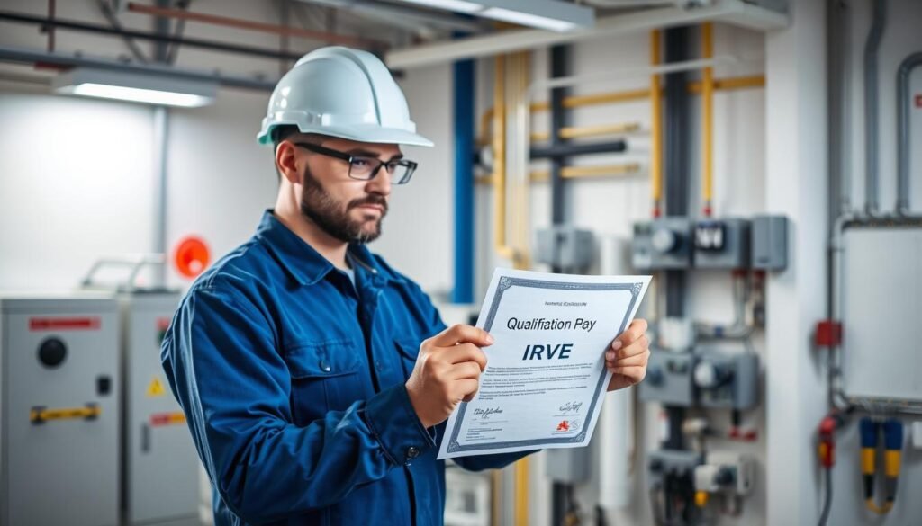 A well-lit workspace with a professional electrician examining a certification document labeled "Qualification IRVE." The electrician is wearing a blue uniform and safety gear, standing against a clean, organized backdrop of electrical equipment and tools. The image conveys a sense of expertise, attention to detail, and compliance with industry standards. The lighting is soft and directional, accentuating the textures and colors of the workspace. The overall composition is balanced and visually appealing, emphasizing the importance of the IRVE qualification in the context of the electrician's professional duties.