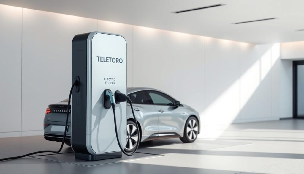An innovative and sleek electric charging station, featuring a minimalist design and advanced technology. The station is positioned in a modern, well-lit setting, with a clean, futuristic aesthetic. The charging ports are prominently displayed, inviting users to conveniently recharge their electric vehicles. The station's streamlined form and subtle branding convey a sense of efficiency and reliability, perfectly complementing the surrounding architecture. Soft, directional lighting illuminates the station, creating a welcoming and professional atmosphere. The overall scene evokes a sense of progress and environmental responsibility, highlighting the benefits of incorporating electric charging infrastructure into the workplace.